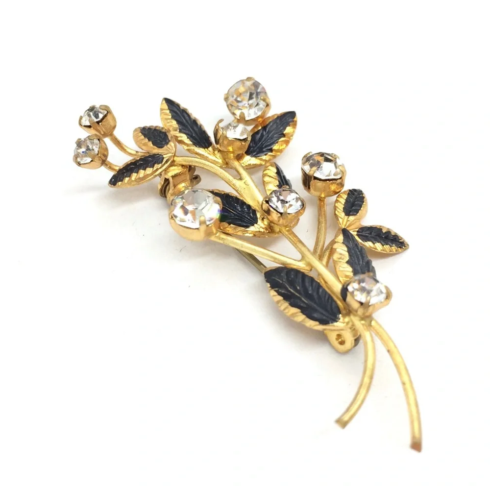 VINTAGE MADE IN AUSTRIA BROOCH FLOWER BOUQUET RHINESTONES GOLD TONE_3